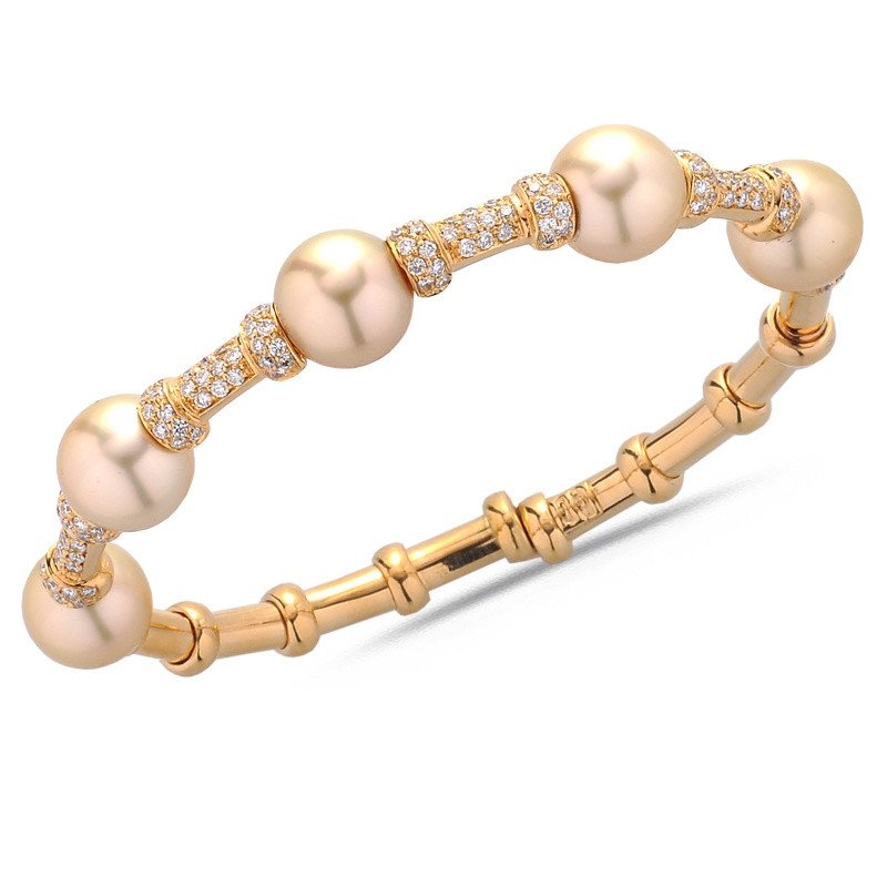 Bracciale Schiava Flessibile Perle Australiane Gialle e Brillanti Oro Giallo