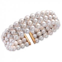 Bracciale Schiava Flessibile Perle Tre File e Brillanti Oro Bianco e Giallo