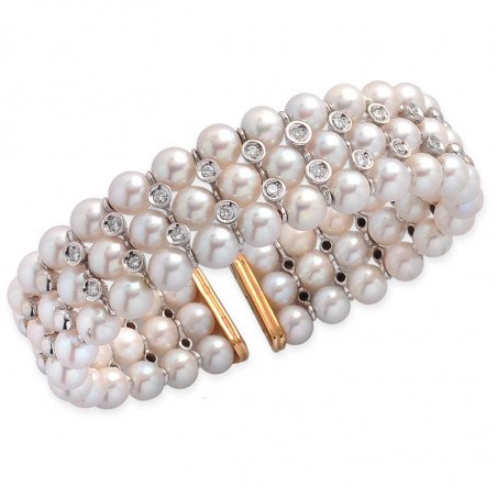 Flexible Bangle Bracelet with Three Rows Pearls and Diamond White Yellow Gold