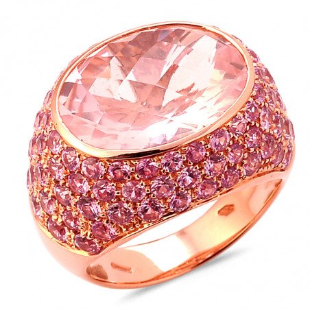 Anello Ovale Quarzo Rosa  Pavè di Zaffiri Rosa Oro Rosa