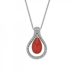 Red Coral and Diamonds Pendant White Gold