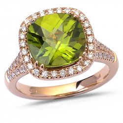 Anello Peridoto taglio Cuscino e Brillanti Oro Rosa