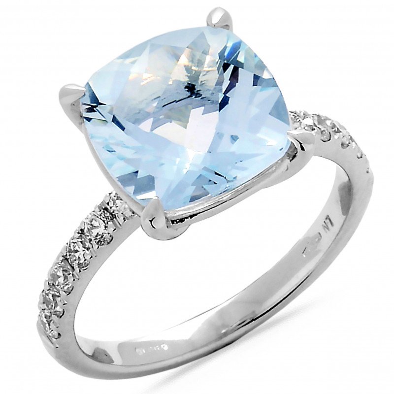 Briolette Cushion cut Aquamarine and Diamond Ring White Gold