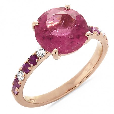 Anello Rubellite con Brillanti e Zaffiri Rosa Oro Rosa